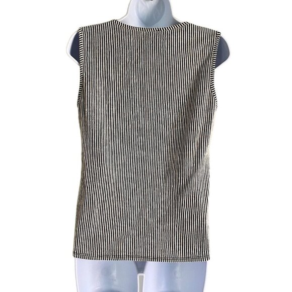Ava James Black White Striped Sleeveless Top Front Tie Faux Buttons Medium NEW - Picture 8 of 10